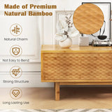 Modern bamboo TV stand featuring a textured diamond pattern and built-in cable hole