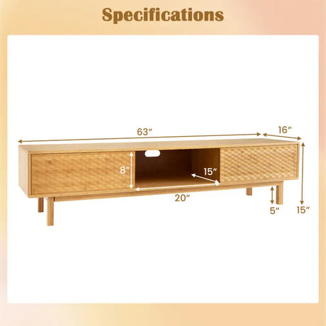 Stylish 63 Mid Century Modern Bamboo TV Stand with diagonal doors and built-in cable hole