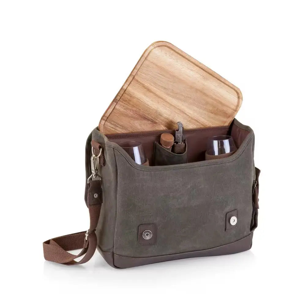 Stylish Adventure Khaki wine tote with canvas, leather, and wooden cutting board compartments