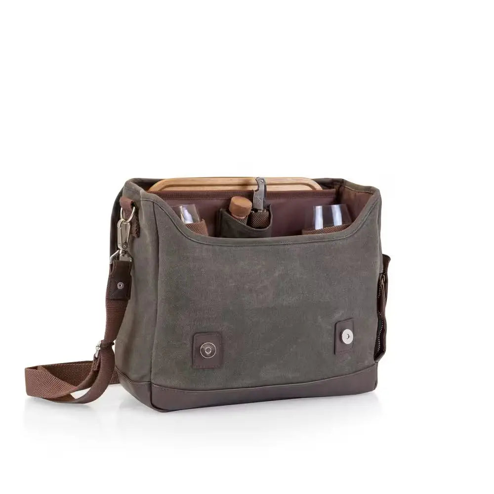 Stylish Adventure Khaki Wine Tote with Canvas and Leather Messenger Bag design