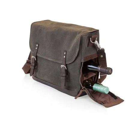 Brown leather messenger bag with buckle closures and side compartment for Stylish Adventure Khaki Wine Tote