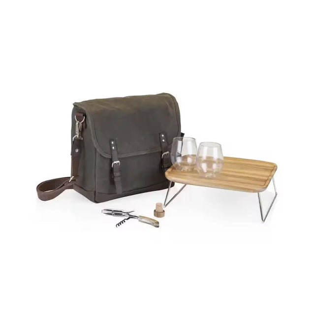 Brown leather messenger bag with wine accessories and portable table for Stylish Adventure Khaki