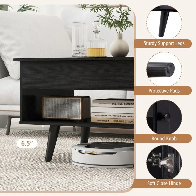 Black coffee table with hidden storage compartment and angled legs for stylish design