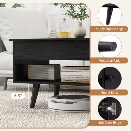 Black coffee table with hidden storage compartment and angled legs for stylish design