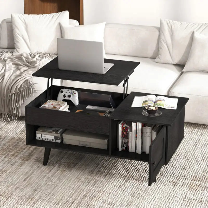 Stylish Black Coffee Table with hidden storage compartment and shelf space for organization