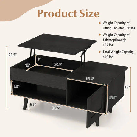 Stylish Black Coffee Table with Hidden Storage Compartment and Angled Legs