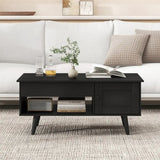 Black mid-century modern coffee table with hidden storage compartment and open shelf