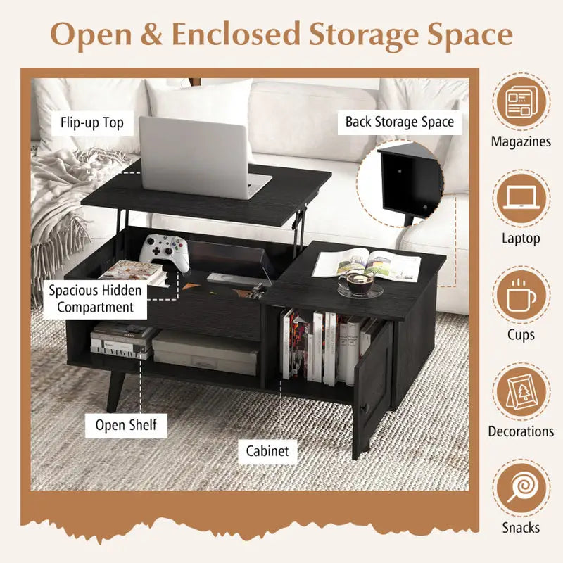 Stylish Black Coffee Table with lift-top and hidden storage compartment for organized living