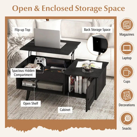 Stylish Black Coffee Table with lift-top and hidden storage compartment for organized living