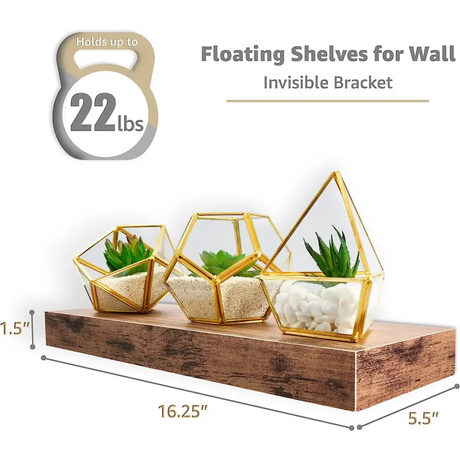 Rustic wooden floating shelf with geometric gold terrariums for stylish wall decor in living room