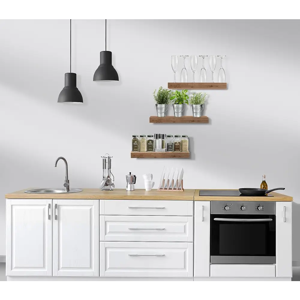 White kitchen cabinet unit with wooden countertop and built-in oven for stylish wall decor