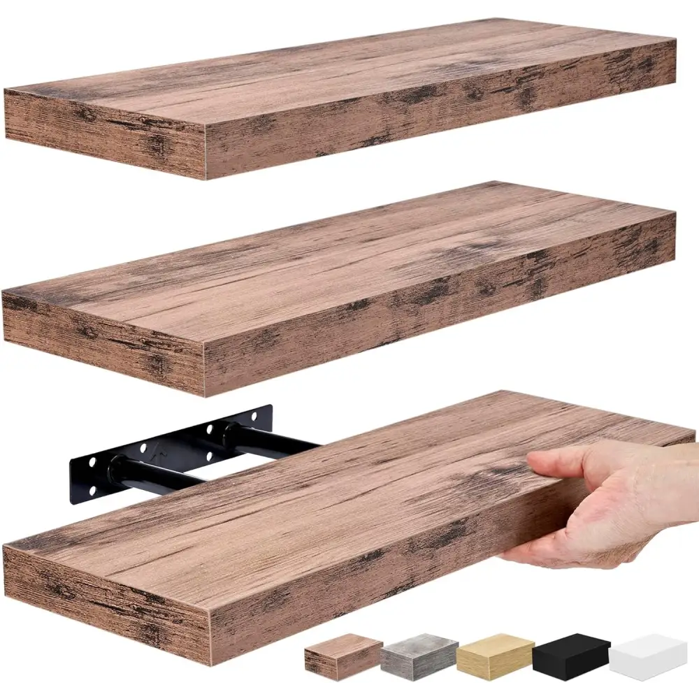 Stylish Mahogany Floating Shelves for wall decor in living room with hidden brackets