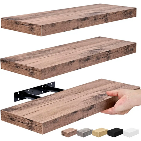 Stylish Mahogany Floating Shelves for wall decor in living room with hidden brackets