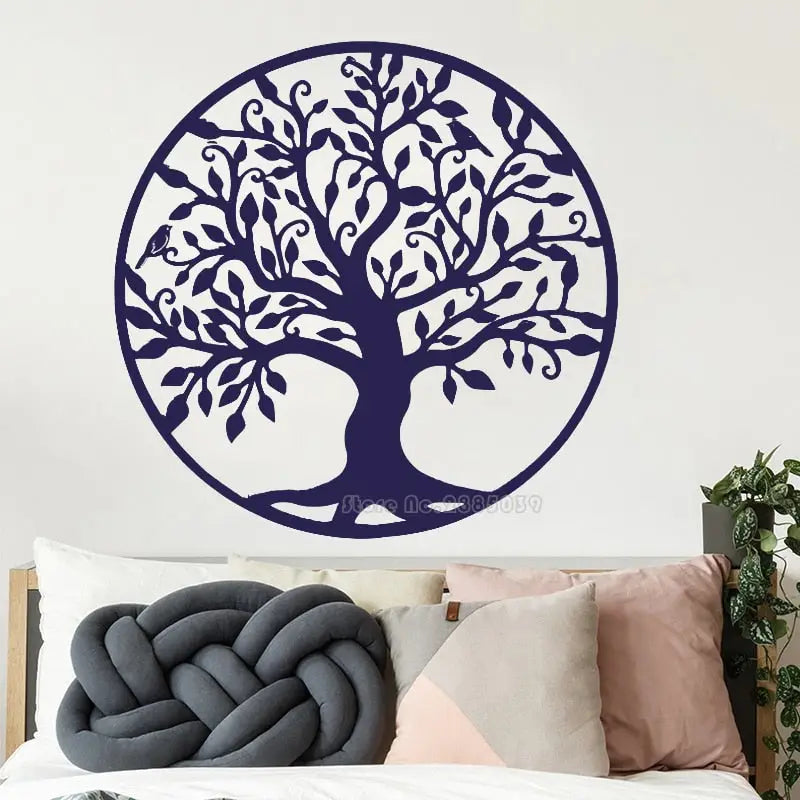 Navy blue Tree of Life wall decal with branching limbs and leaves for stylish decor