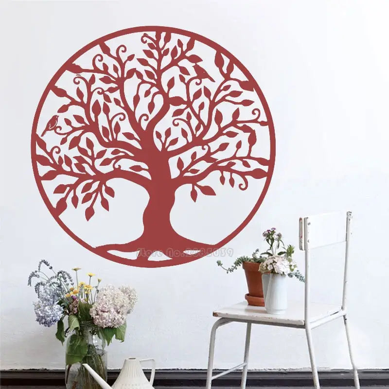 Circular red Tree of Life wall decal with spreading branches and leaves for wall art