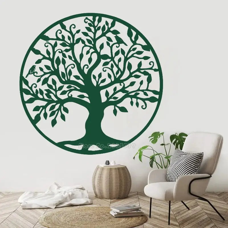 Green Tree of Life wall decal featuring intricate branches and birds for wall art