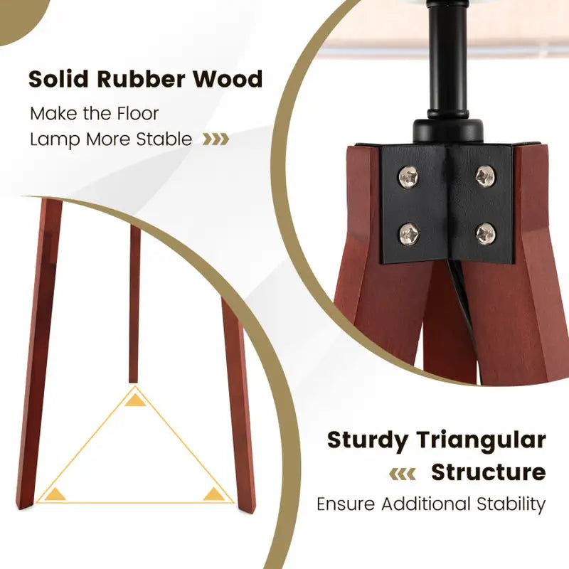 Wooden tripod floor lamp base with triangular support and rubber feet for stability