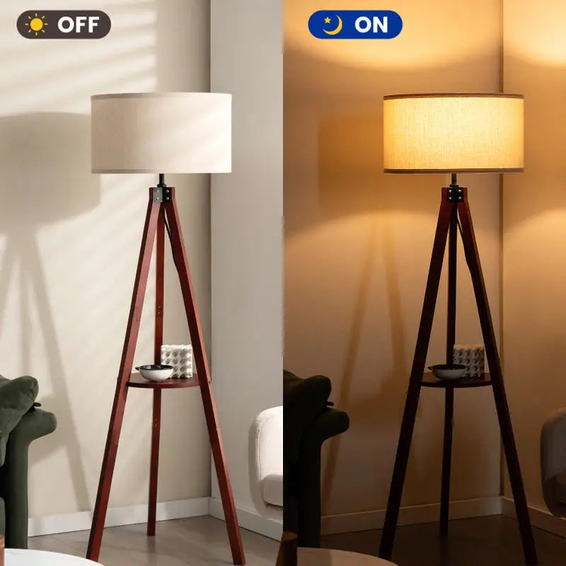 Tripod floor lamp with white drum shade and circular shelf for stylish lighting