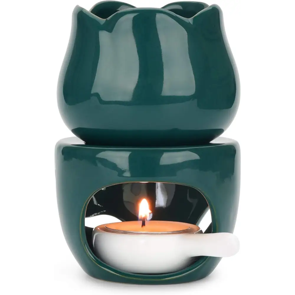 Dark green ceramic oil burner with tea light candle for aromatic wax melts