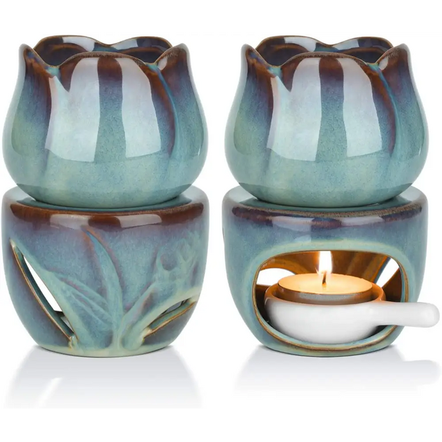 Turquoise Glazed Ceramic Oil Burner with Cutout Design for Aromatherapy and Relaxation