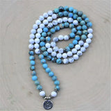 Beaded turquoise and white stone necklace with lotus pendant, perfect mala beads bracelet