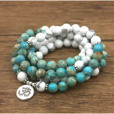 Turquoise and Howlite Beaded Wrap Bracelet with Om Charm for Spiritual Mala Beads