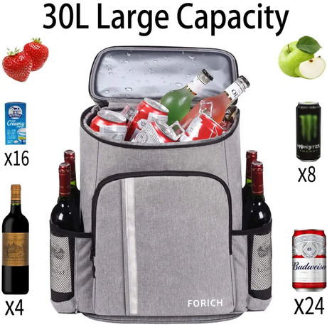 Grey insulated backpack cooler with exterior pockets and bottle holders for outdoor adventures