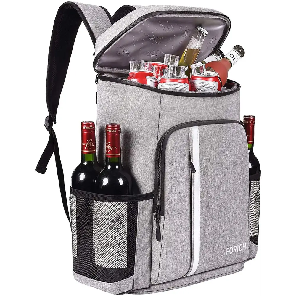 Grey insulated backpack cooler with bottle holders and multiple compartments for outdoor use