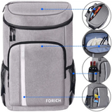 Grey insulated backpack cooler with storage compartments and mesh pockets for easy access