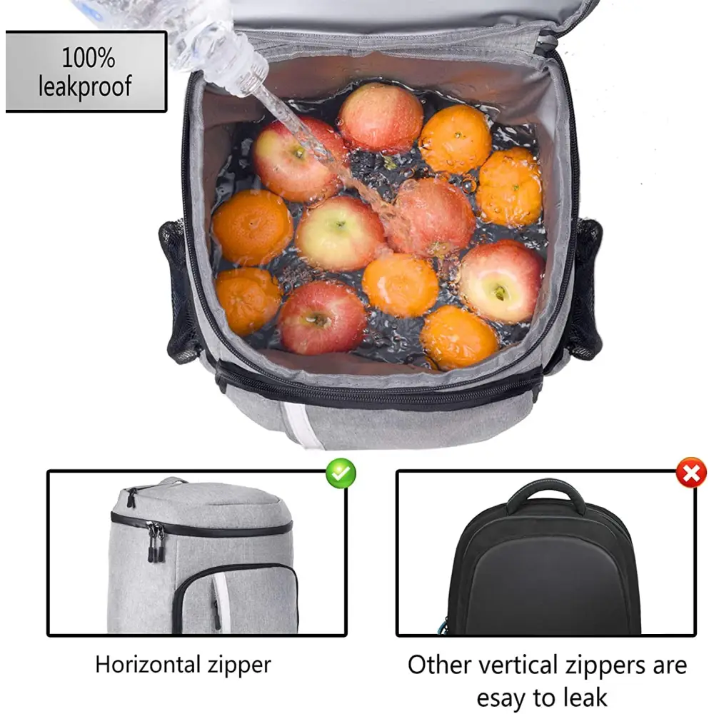 Leakproof insulated backpack cooler with fruits, featuring zipper comparison diagrams