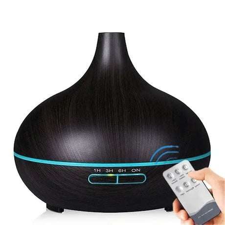 Black wood-grain essential oil diffuser with blue light and remote control for aromatherapy