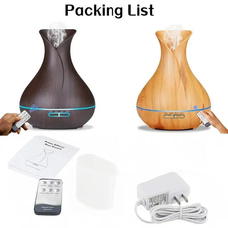 Essential oil diffuser with wood-grain vase design and remote control for aromatherapy