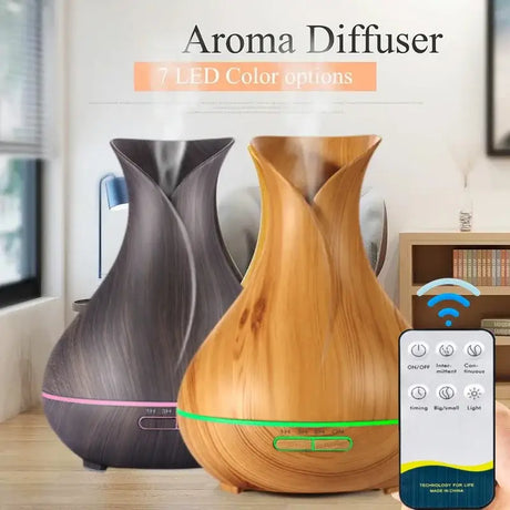 Modern essential oil diffusers with LED light and remote control in wood finishes