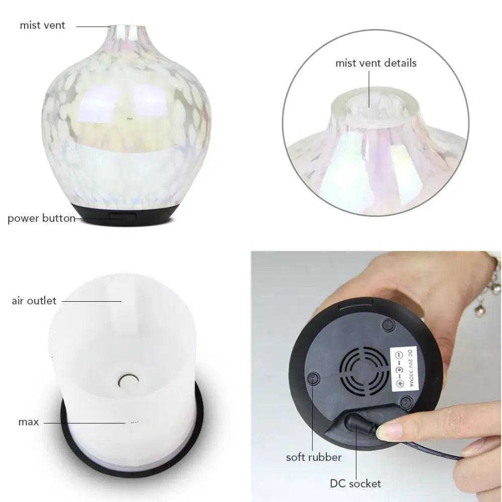 Glass Aroma Diffuser with mist vent and power button features, Designer Glass Aroma