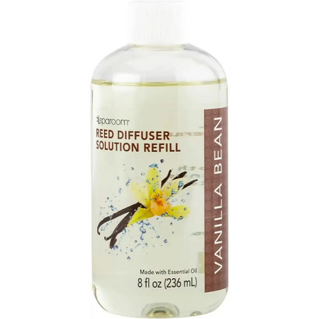 Reed diffuser solution refill bottle with Vanilla Bean fragrance and floral label design