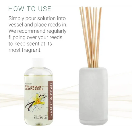 Vanilla Bean Oil Reed Diffuser set with ceramic vessel and vanilla-themed refill bottle