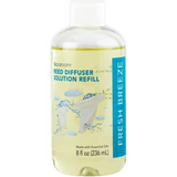 Reed diffuser solution refill bottle with Vanilla Bean and Fresh Breeze labeling