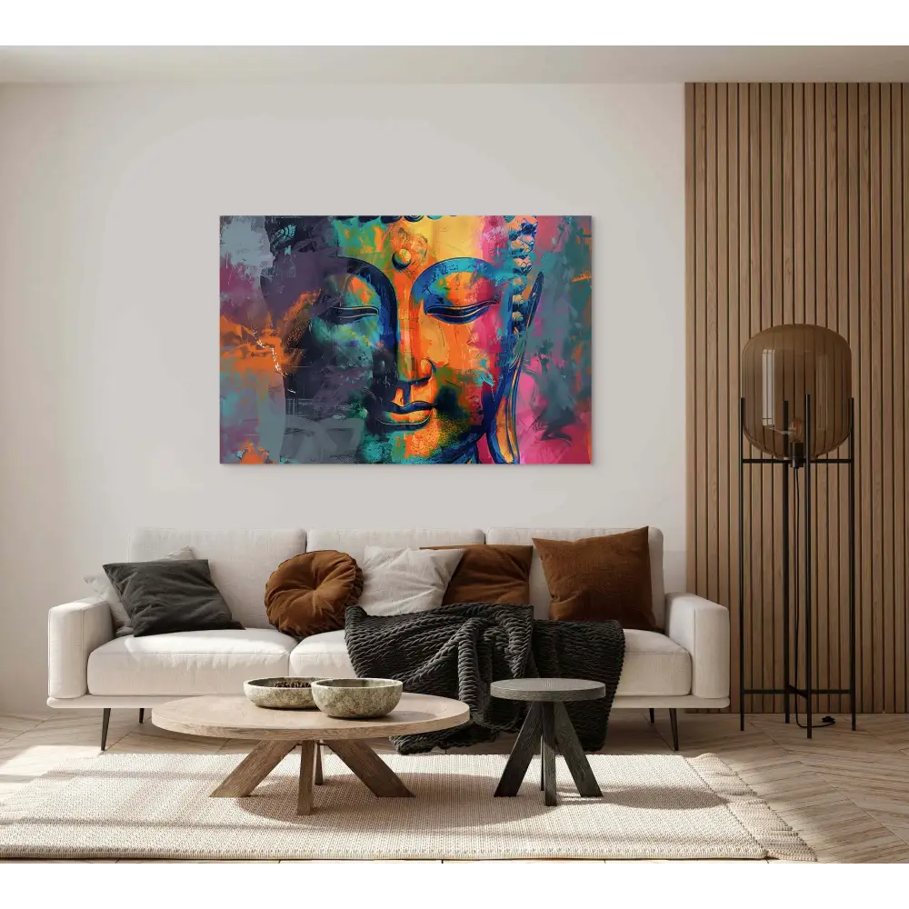 Colorful Buddha Head Canvas artwork featuring vibrant purple, blue, and orange tones