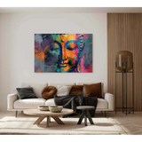 Colorful Buddha Head Canvas artwork featuring vibrant purple, blue, and orange tones