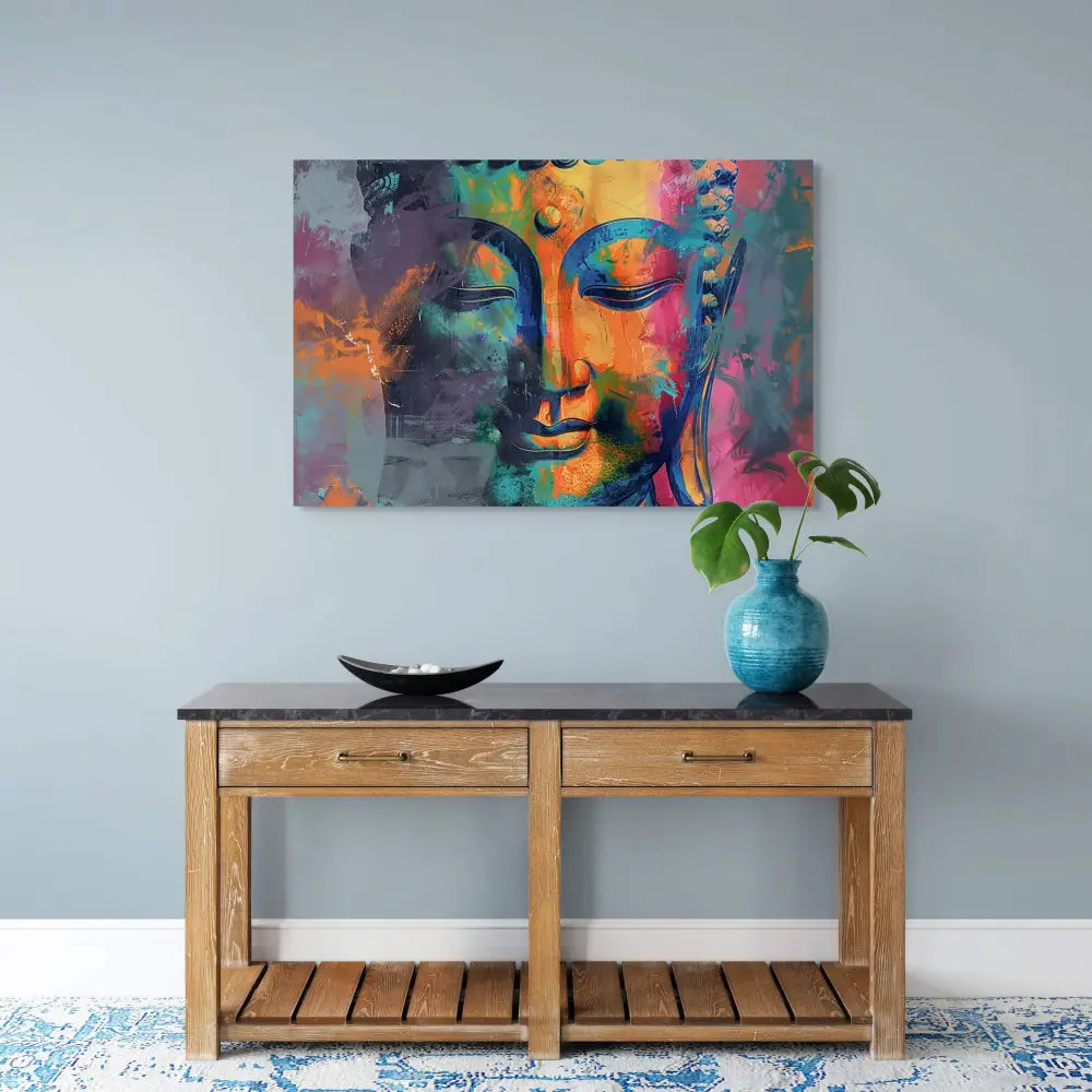 Vivid Buddha Head Canvas Painting with vibrant blues, oranges, and pinks for modern decor