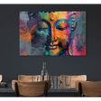 Colorful Buddha head canvas art in vibrant blues, oranges, and purples for modern decor