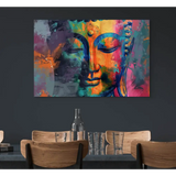 Colorful Buddha head canvas art in vibrant blues, oranges, and purples for modern decor