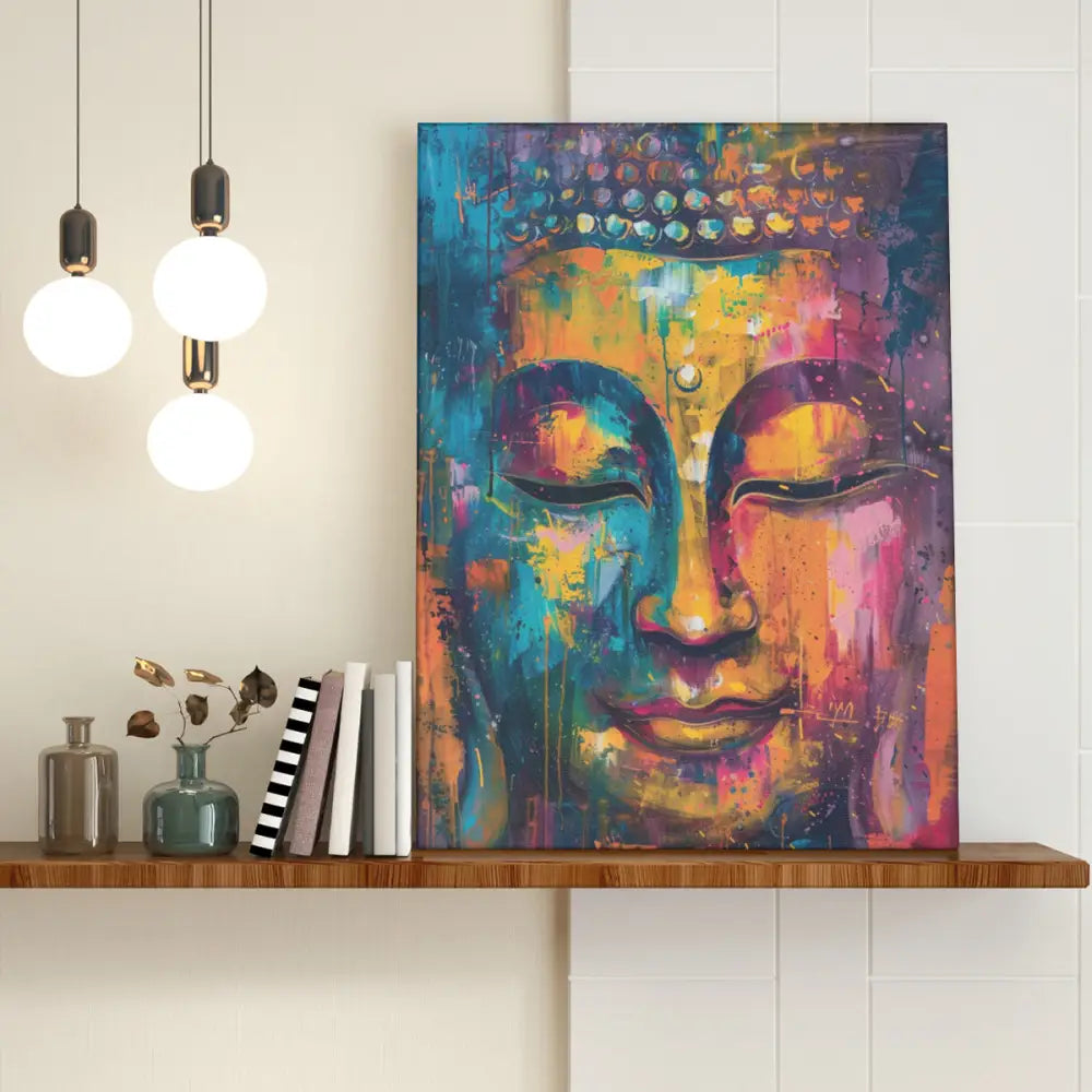 Colorful abstract Buddha painting on high-quality stretched canvas, vibrant blues and oranges