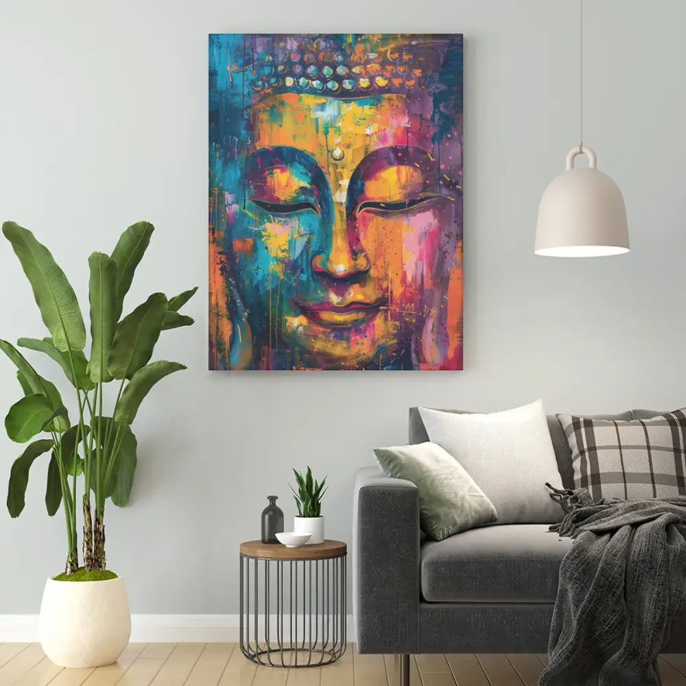 Vibrant Buddha painting on high-quality stretched canvas in blues, yellows, and pinks