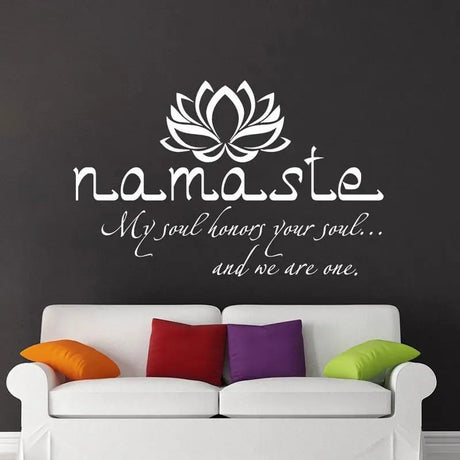 White wall decal with Namaste text and lotus flower, perfect wall art for tranquility