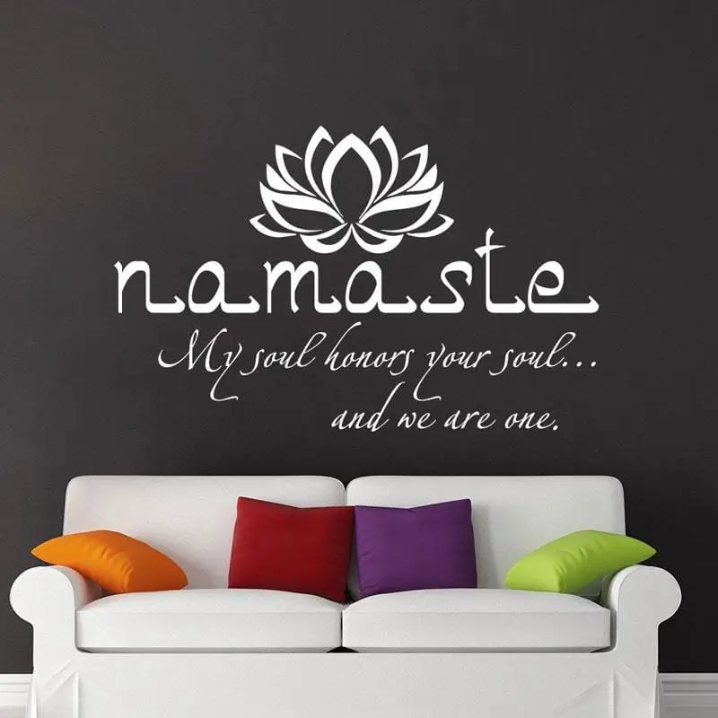 White wall art decal featuring Namaste text and lotus flower design for peace decor