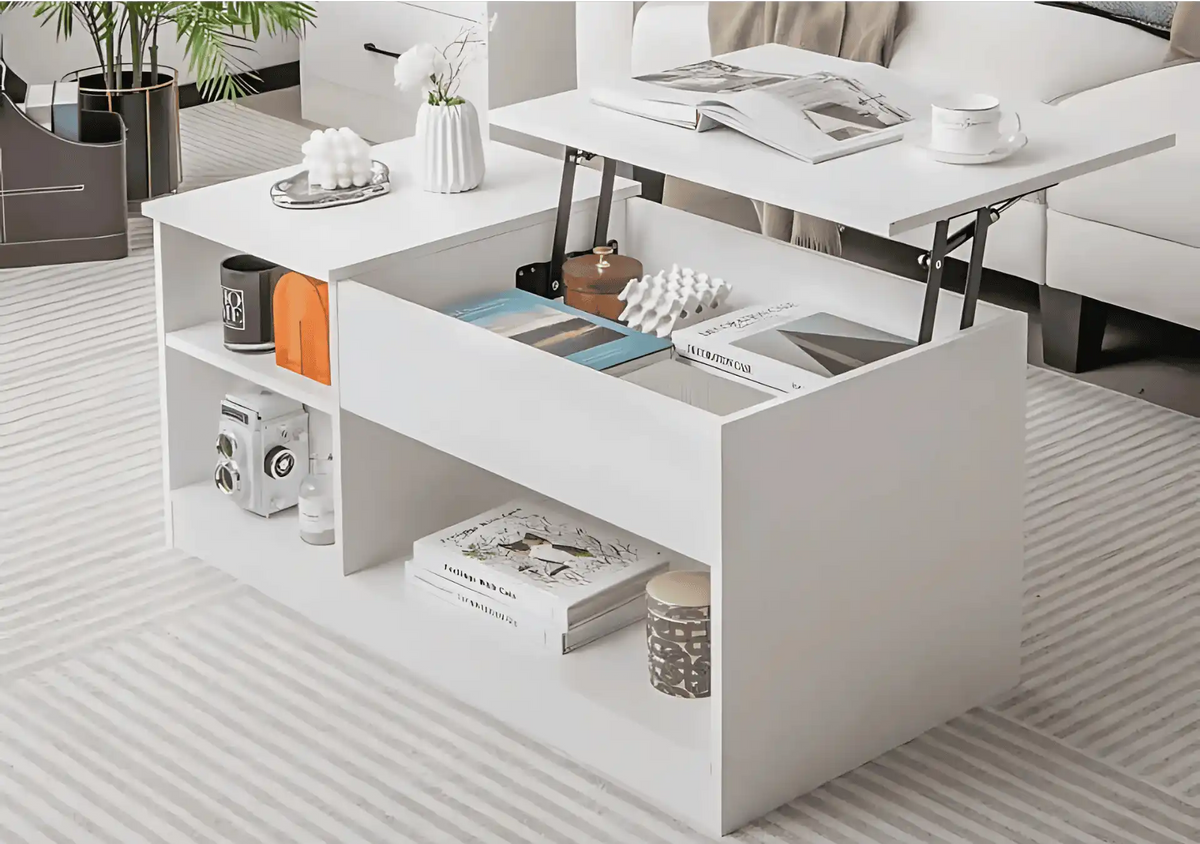 White lift-top coffee table with built-in storage compartments and shelving.