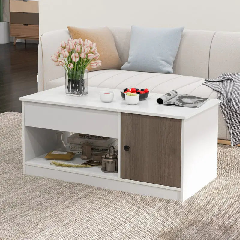 White Lift-Top Coffee Table with Storage and 200 lbs weight capacity, featuring wood-toned cabinet