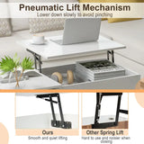 Pneumatic lift mechanism of White Lift-Top Coffee Table with 200 lbs weight capacity