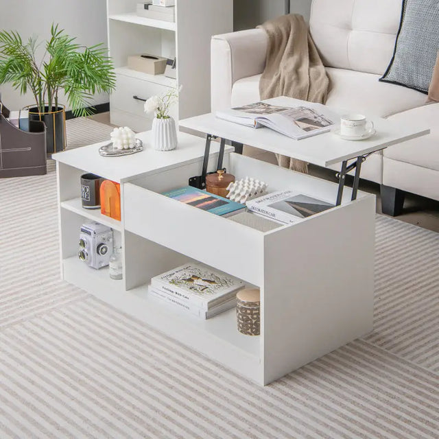 White Lift-Top Coffee Table with storage and 200 lbs weight capacity for versatile use